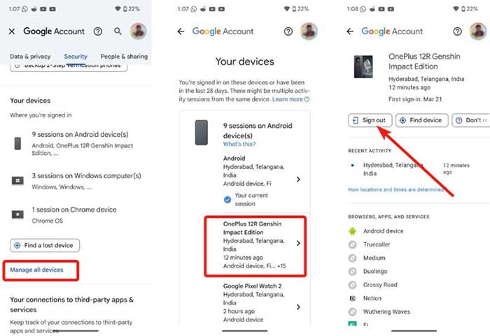نحوه .خروج از همه دستگاه‌ها از حساب گوگل 